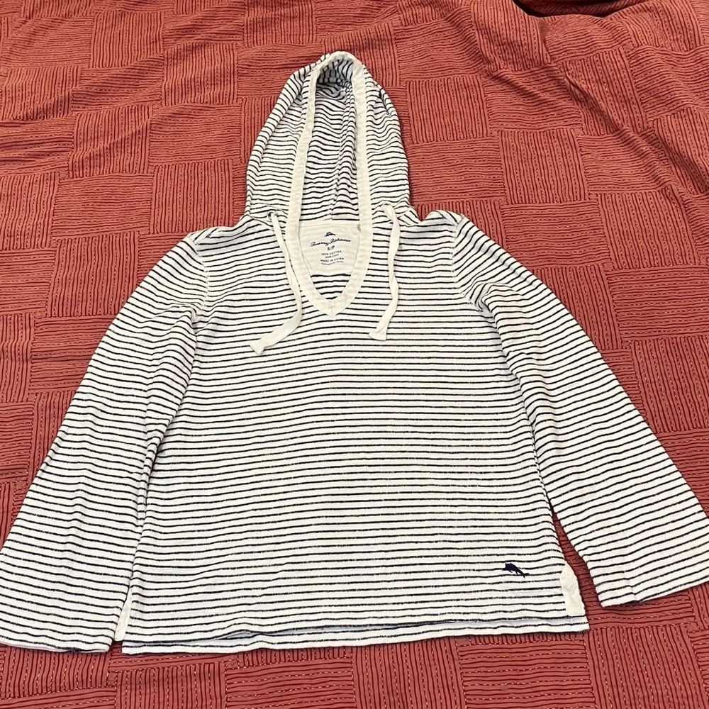 Tommy Bahama women’s small terry cloth white  Hoodie with blue stripes
